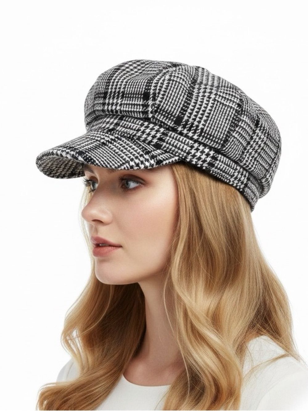 Houndstooth Tweed Newsboy Hat Plaid Cabbie Gatsby Baker Boy Cap OS NWT